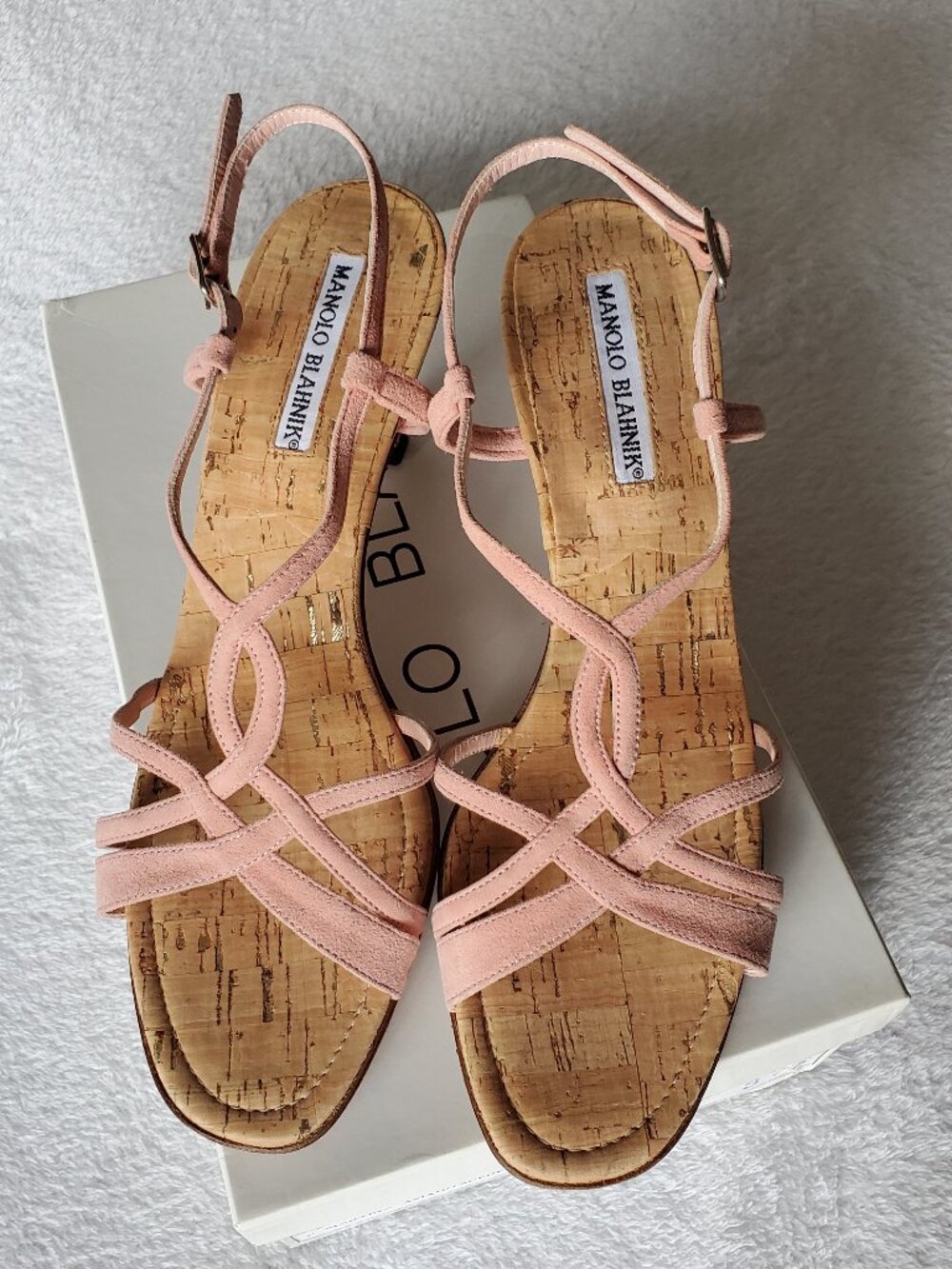 Manolo Blahnik Dusty Pink Suede Strappy Cork Mid Heel Sandals Size 37.5